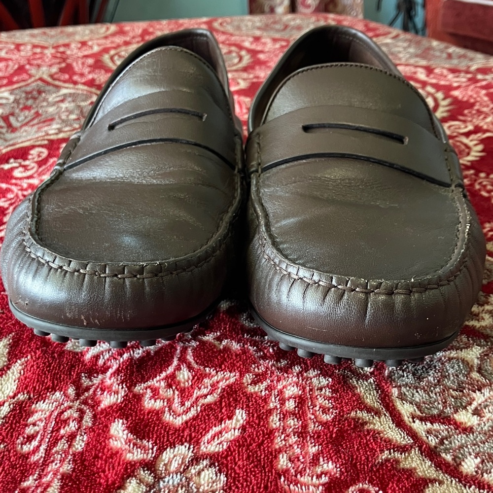 Gucci Brown Leather Penny Loafers with Signature Red & Green Web - Picture 6 of 11